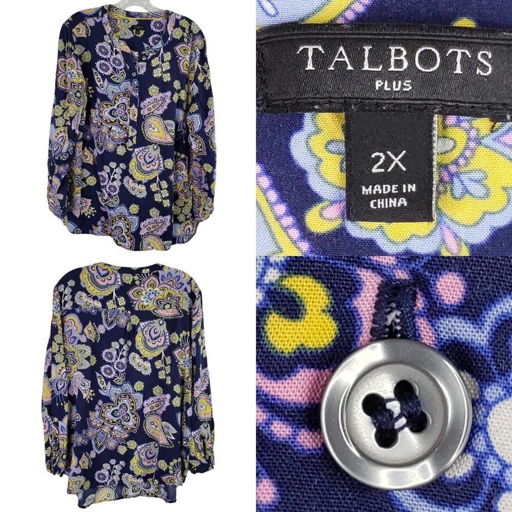 Talbots Shirt Women's Plus Size 2X Navy Paisley Long Sleeve Top Popover